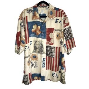 VTG Burma Bibas Americana Silk Shirt Large Oversize USA Flag Patchwork Resort